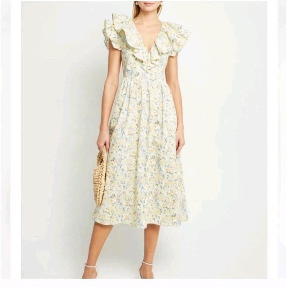 O.P.T Anthropologie Kate Yellow Floral Flutter Sleeve Cotton V-Neck Midi Dress M